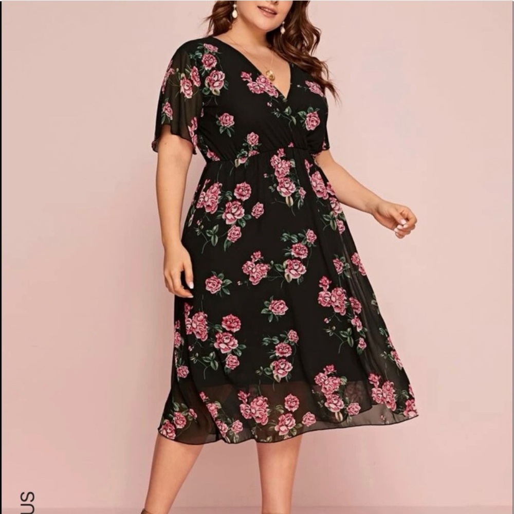 Floral Print Surplice Front Midi Dress Sheer Overlay Plus Sz 2XL